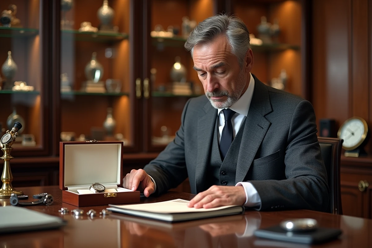 Expert en haute horlogerie examinant une montre de luxe dans un atelier genevois raffiné rempli d'outils horlogers et de montres rares