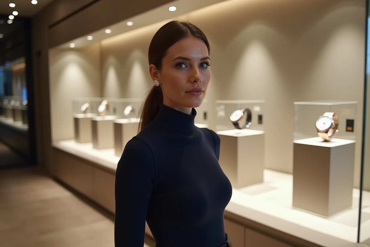 Femme élégante devant une vitrine d'exposition de montres de luxe iconiques dans un espace muséal privé dédié à la haute horlogerie