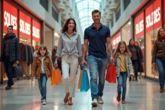 Famille française faisant les soldes d'hiver dans un centre commercial avec des enfants portant des sacs de shopping