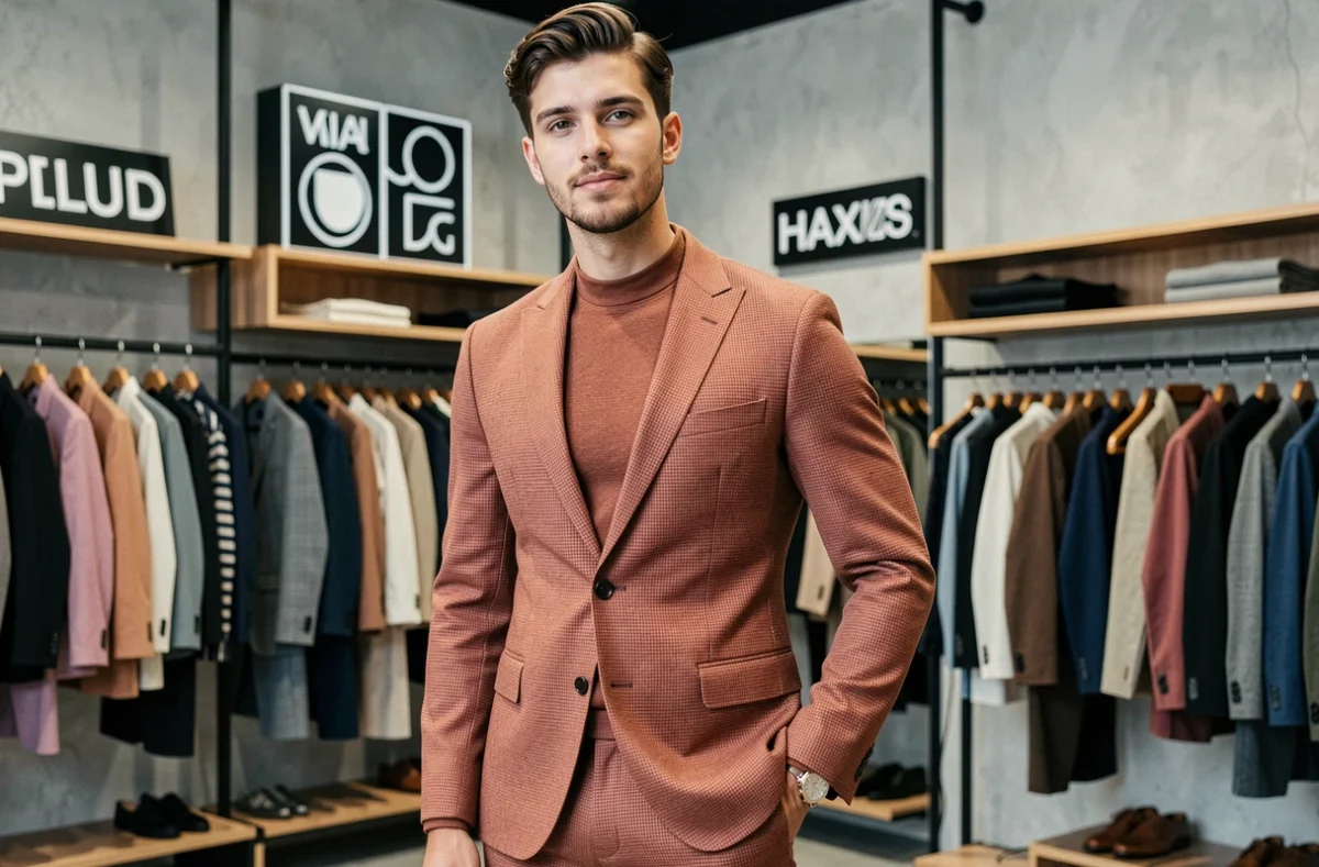 Jeune homme en costume tendance terracotta dans la boutique Father and Sons à Lille