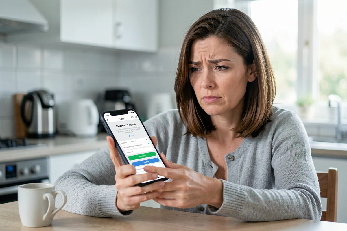 Femme consultant son smartphone avec un message d'accès bloqué sur l'application La Poste