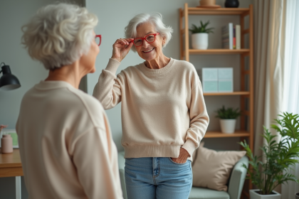 Femme âgée ajustant ses lunettes colorées dans un bureau moderne