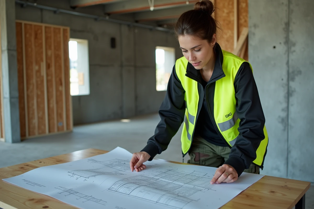 Jeune femme examinant des plans dans un bâtiment