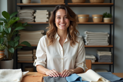 Femme souriante tenant des échantillons de tissus dans un atelier