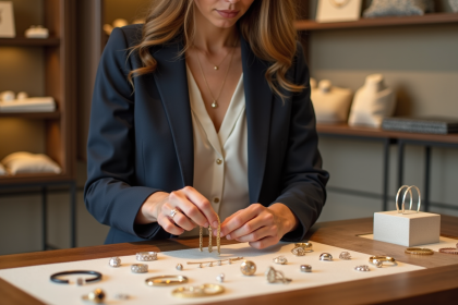 Femme élégante examinant des bijoux dans une boutique moderne