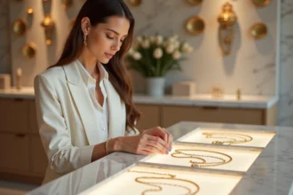 Femme élégante examine deux colliers en bijouterie luxe
