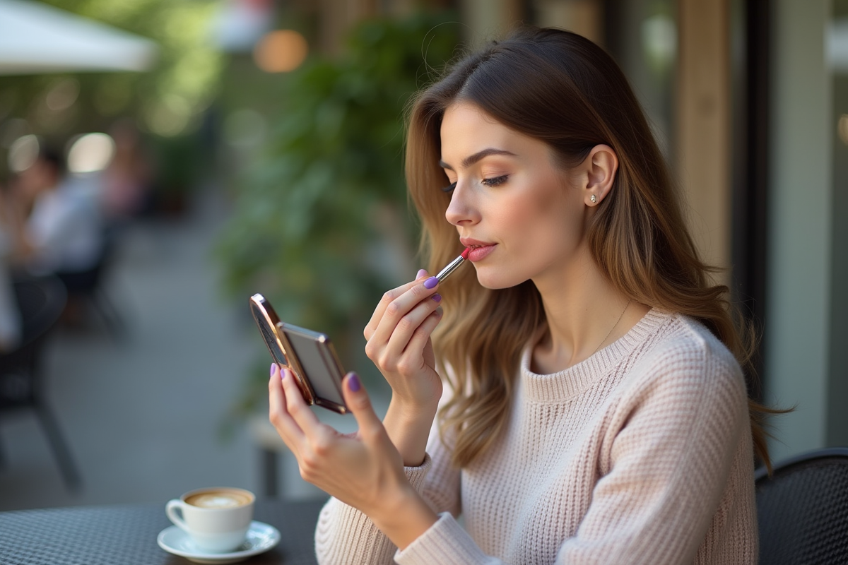 Femme en pull pastel vérifiant son lipstick en terrasse