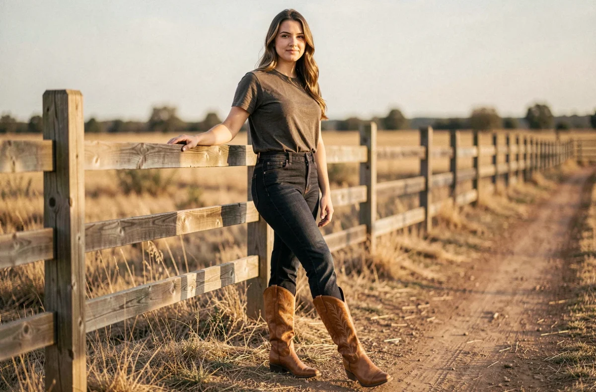 Jeune femme portant des boots cowboy en cuir tan avec un jean brut dans un cadre de ranch en plein air