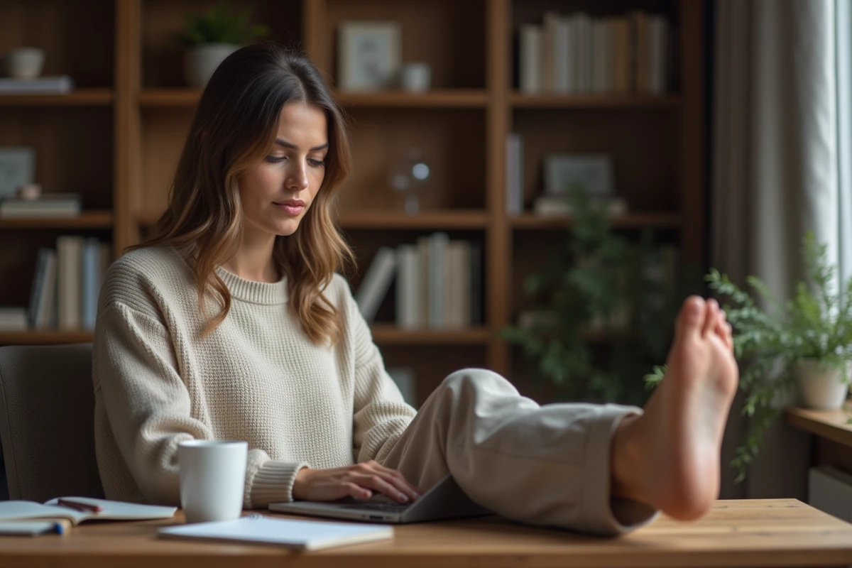 Femme travaillant sur un ordinateur portable dans un bureau à domicile avec un pied nu visible, représentant la gestion discrète d'une activité de vente en ligne