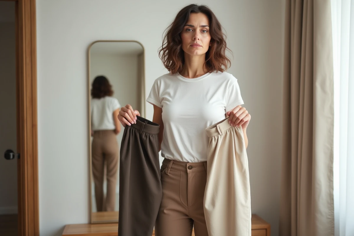 Femme hésitant entre deux tailles de pantalon 48 et 50 dans une cabine d'essayage de boutique