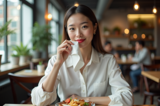Femme en blouse blanche au café avec lipstick brillant