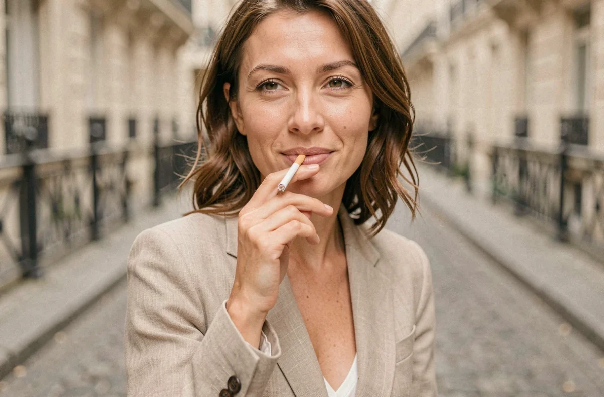 Femme tenant une cigarette Vogue slim dans un cadre urbain parisien, illustrant le choix de couleur et la légèreté du produit