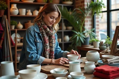Femme examine des céramiques vintage dans une boutique de seconde main