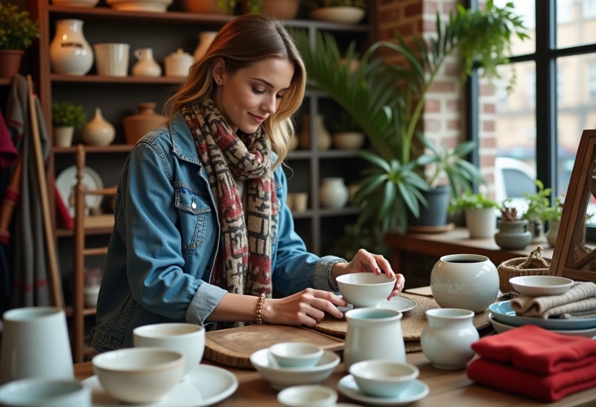 Femme examine des céramiques vintage dans une boutique de seconde main