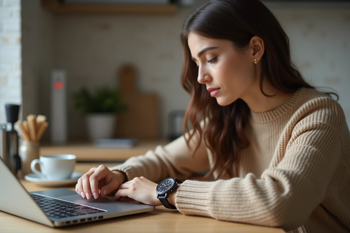 Jeune femme compare deux montres dans sa cuisine