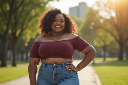 Femme confiante en crop top et jeans haut taille en plein air