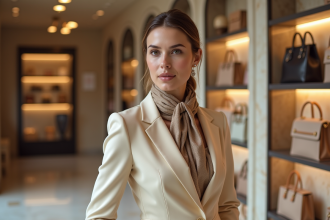 Femme élégante en tailleur dans une boutique de luxe