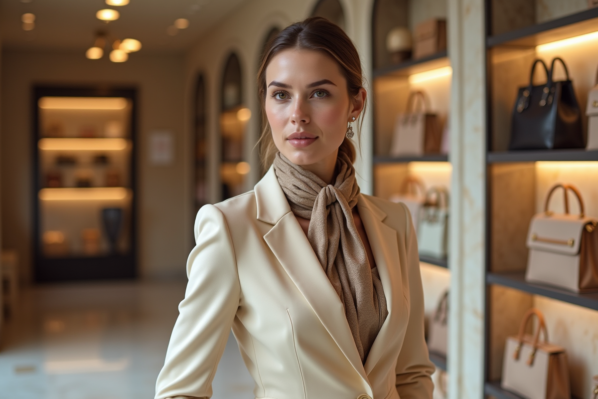 Femme élégante en tailleur dans une boutique de luxe
