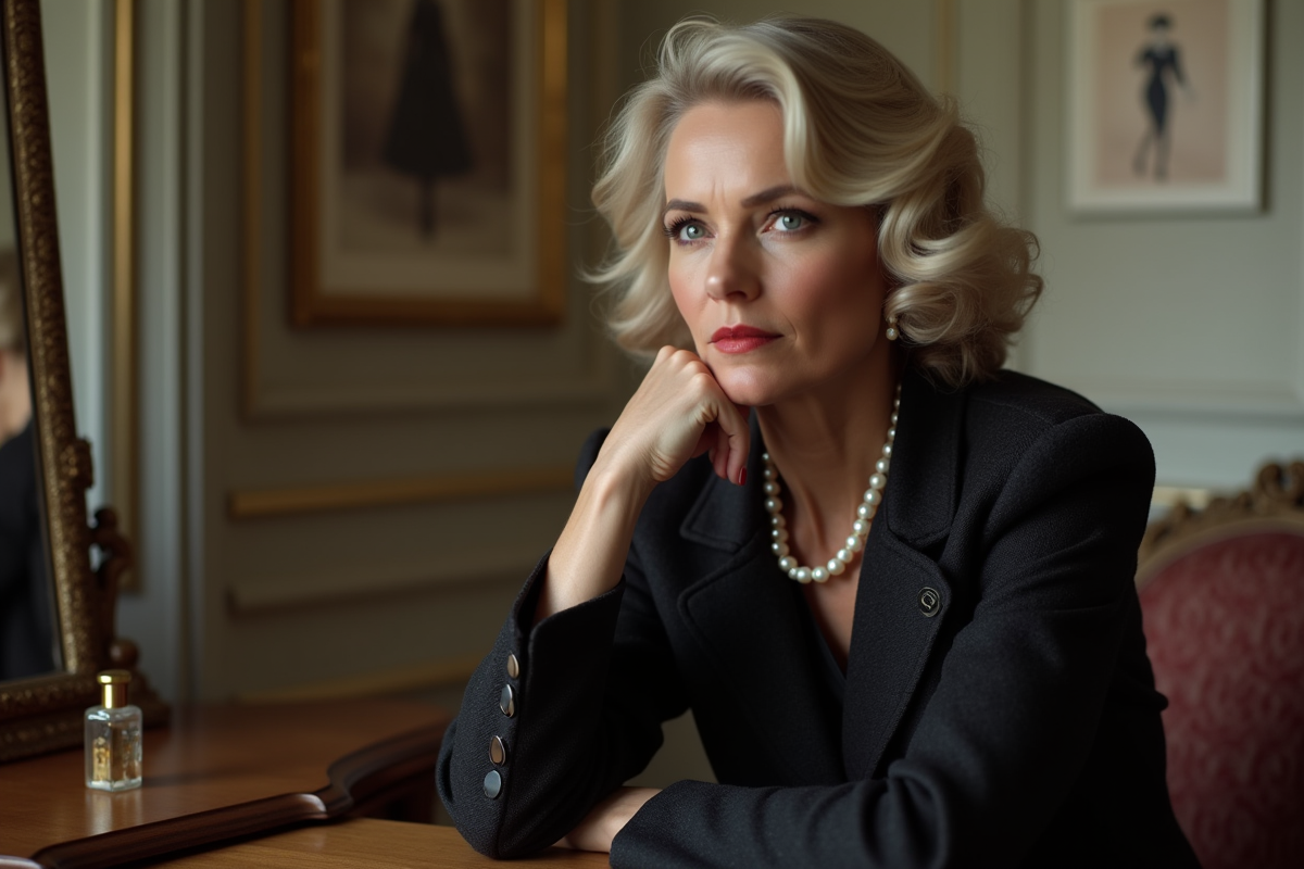 Femme élégante en tweed noir dans un appartement parisien