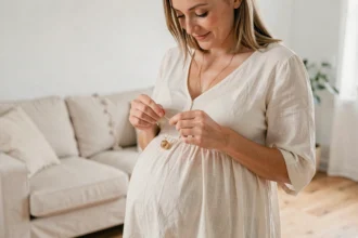Femme enceinte tenant un bola de grossesse doré en gros plan, portant une robe en lin crème dans un intérieur scandinave lumineux