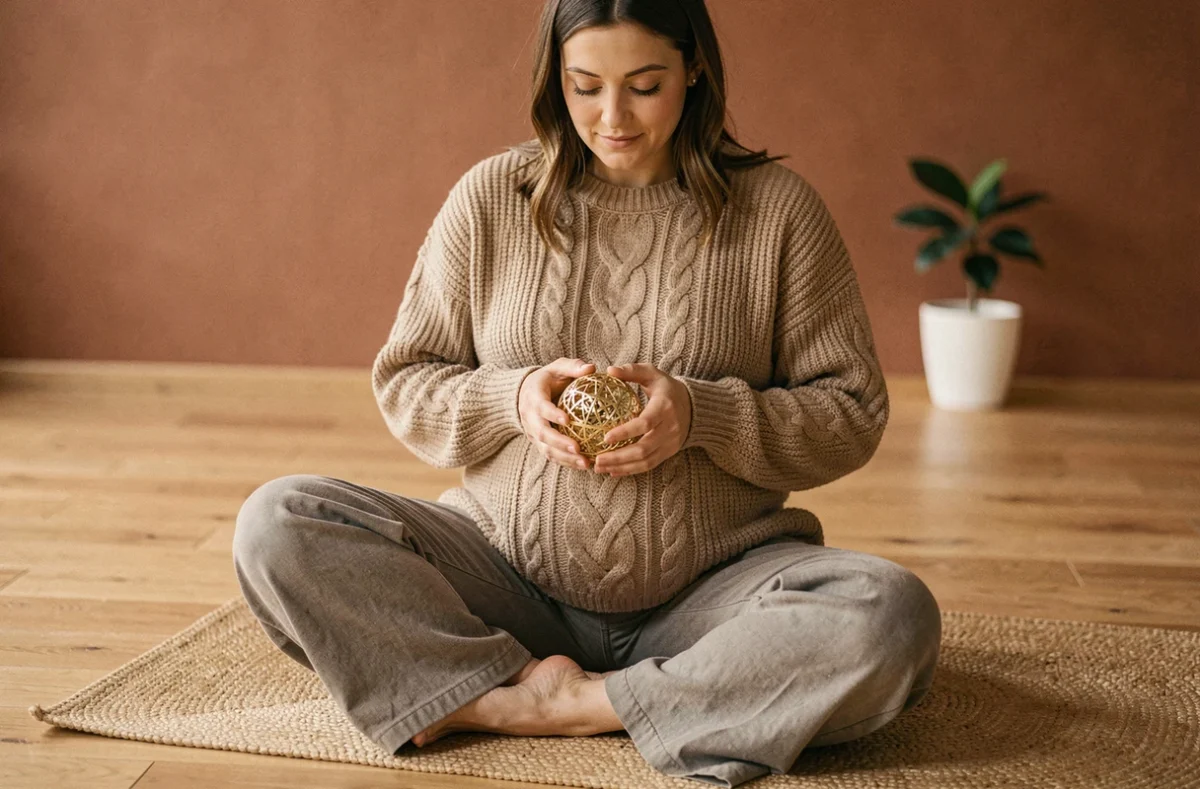 Femme enceinte assise en tailleur tenant un bola de grossesse doré dans un studio minimaliste aux murs terracotta