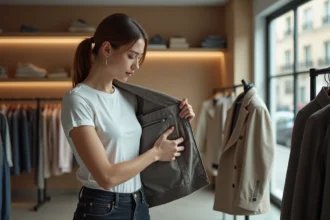 Femme consultant l'étiquette de taille d'une veste IKKS dans une boutique parisienne contemporaine