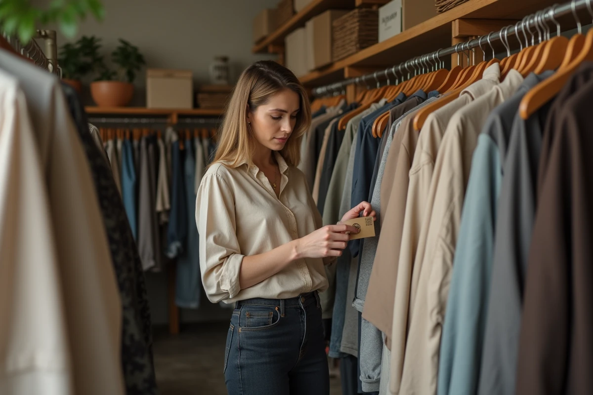 Femme examinant une étiquette de vêtement dans une boutique de seconde main, catégorie Sonstiges vêtements