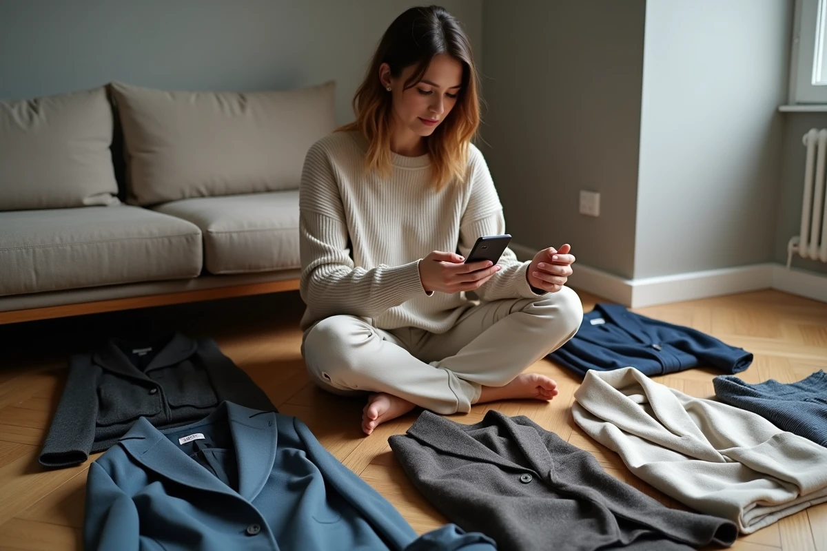 Femme mesurant des vêtements IKKS chez elle avec un guide des tailles sur smartphone