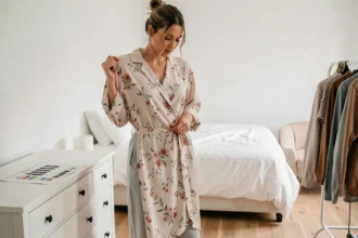 Femme tenant une robe Leonie & Co devant elle en consultant un guide des tailles dans sa chambre