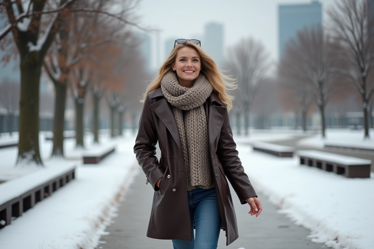 Femme élégante en trench en hiver dans un parc urbain