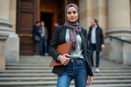 Jeune femme debout devant un tribunal français avec dossier