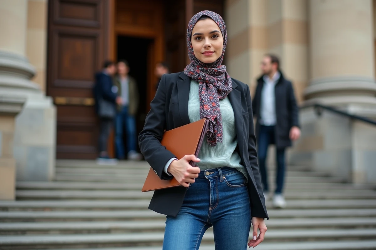 Jeune femme debout devant un tribunal français avec dossier