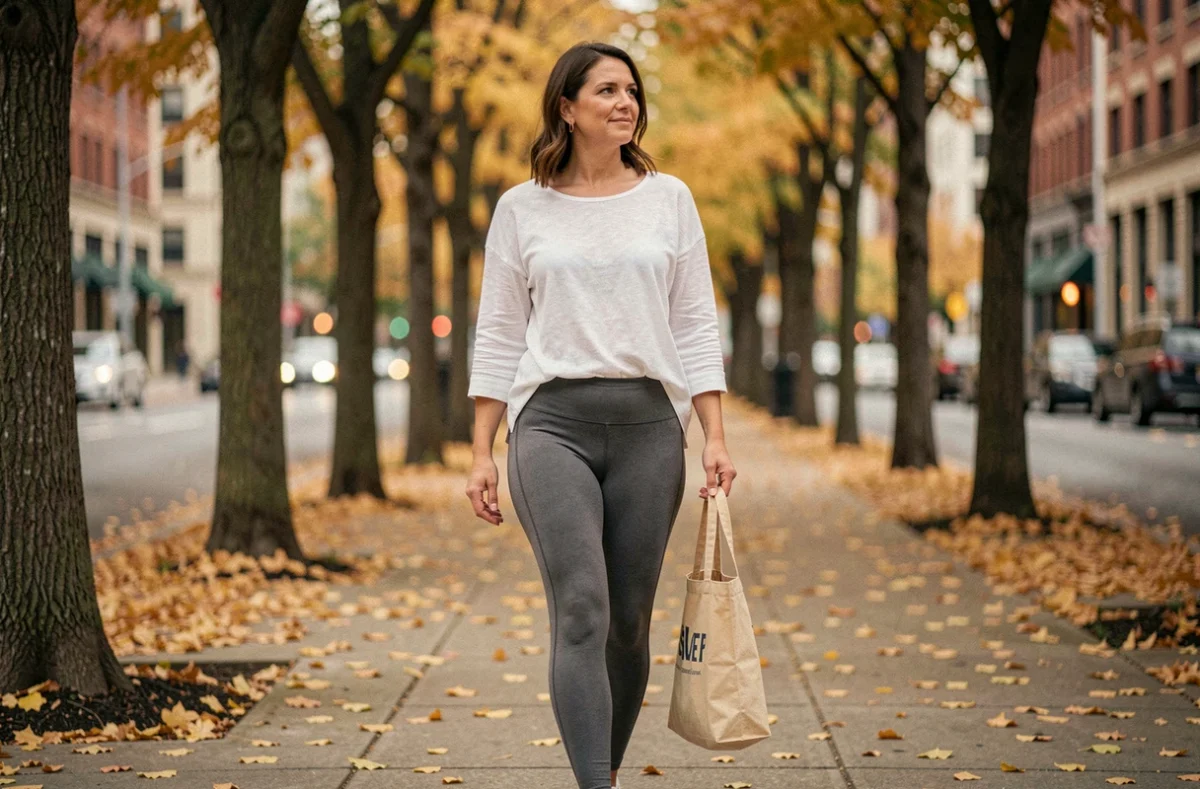 Femme en legging gainant gris anthracite se promenant en ville en automne, illustrant le style et l'effet minceur au quotidien du legging Plumi