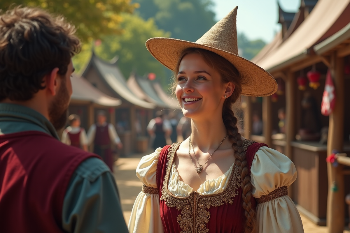 Jeune femme médiévale portant un chapeau hennin lors d