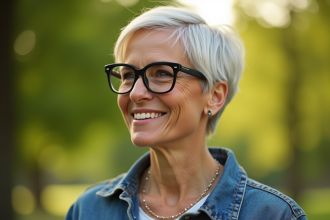Femme d'âge moyen souriante portant lunettes modernes en plein air