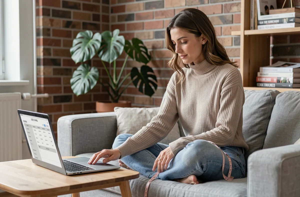 Jeune femme consultant un guide des tailles en ligne sur ordinateur portable pour choisir sa taille Leonie & Co