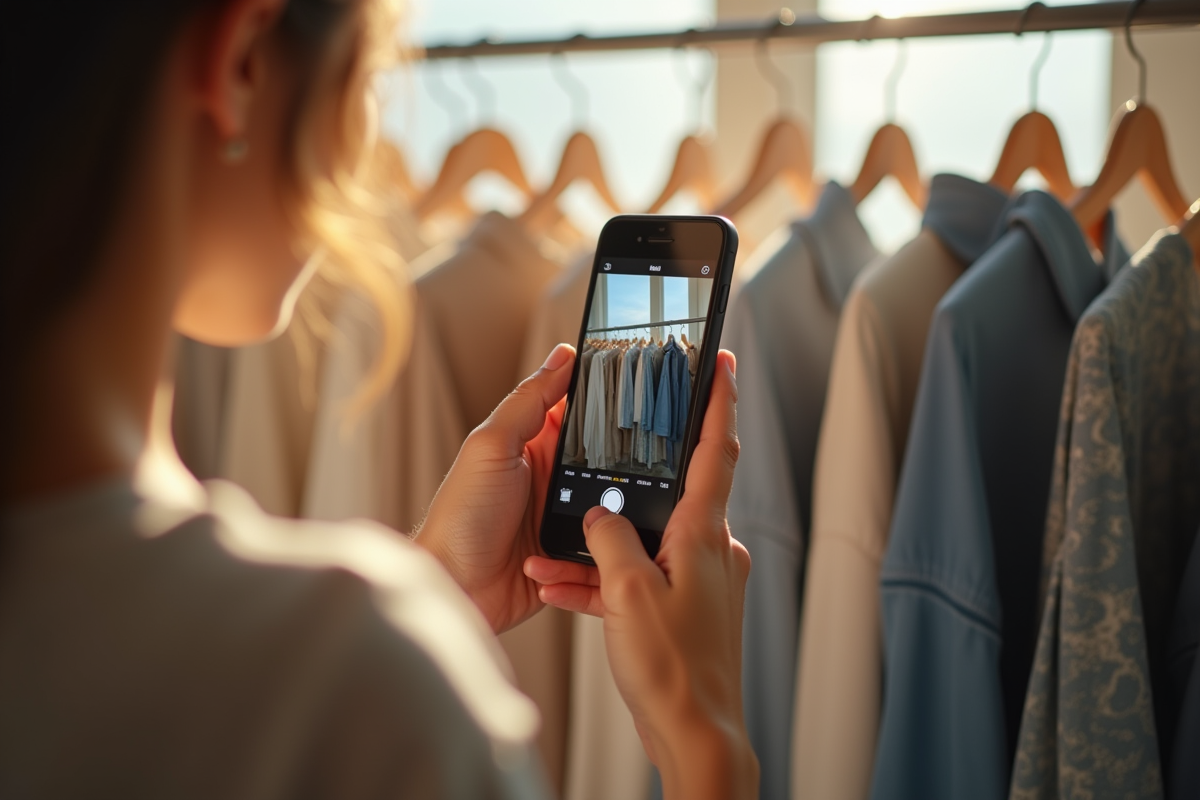Jeune femme prenant en photo des vêtements colorés avec son smartphone