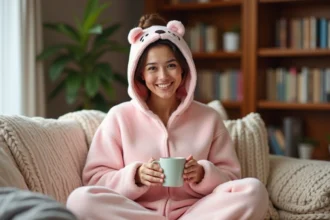 Femme adulte portant un pilou pilou rose pastel à capuche sur un canapé beige avec une tasse de thé, ambiance cozy et chaleureuse