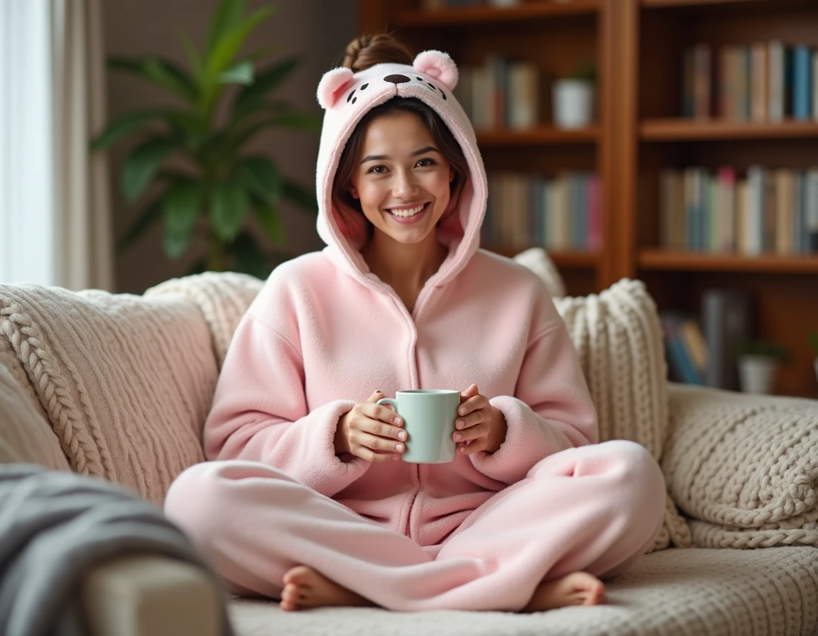 Femme adulte portant un pilou pilou rose pastel à capuche sur un canapé beige avec une tasse de thé, ambiance cozy et chaleureuse