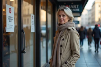 Femme d'âge moyen devant un magasin fermé avec avis officiel
