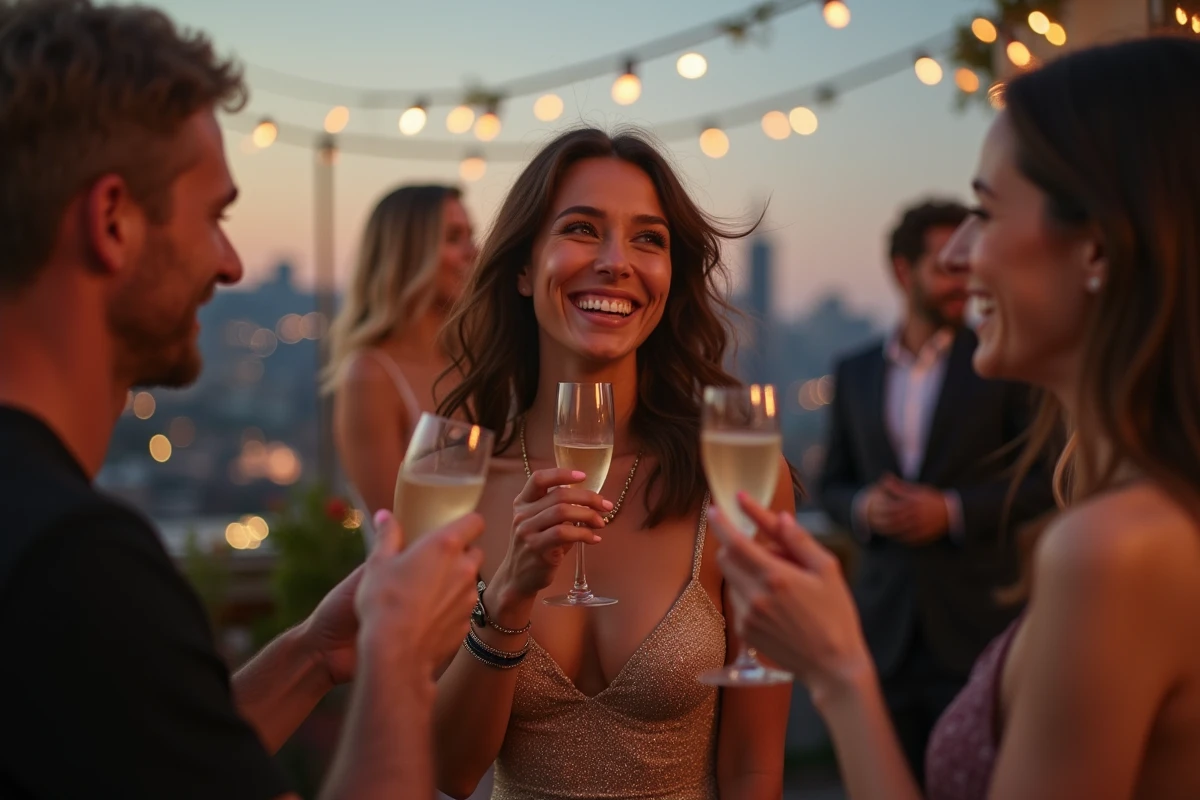 Femme souriante toastant avec des amis lors d