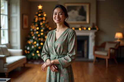 Jeune femme en robe festive ajustant son bracelet intérieur