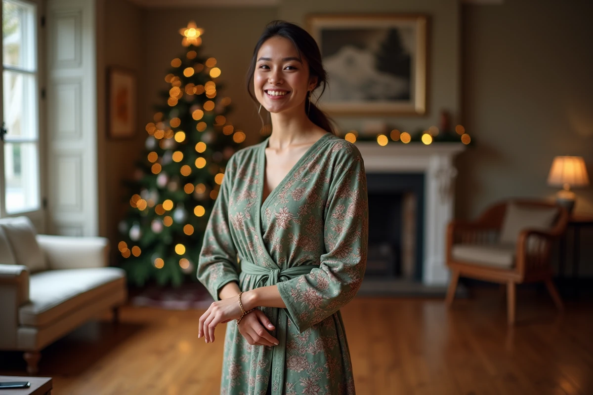 Jeune femme en robe festive ajustant son bracelet intérieur