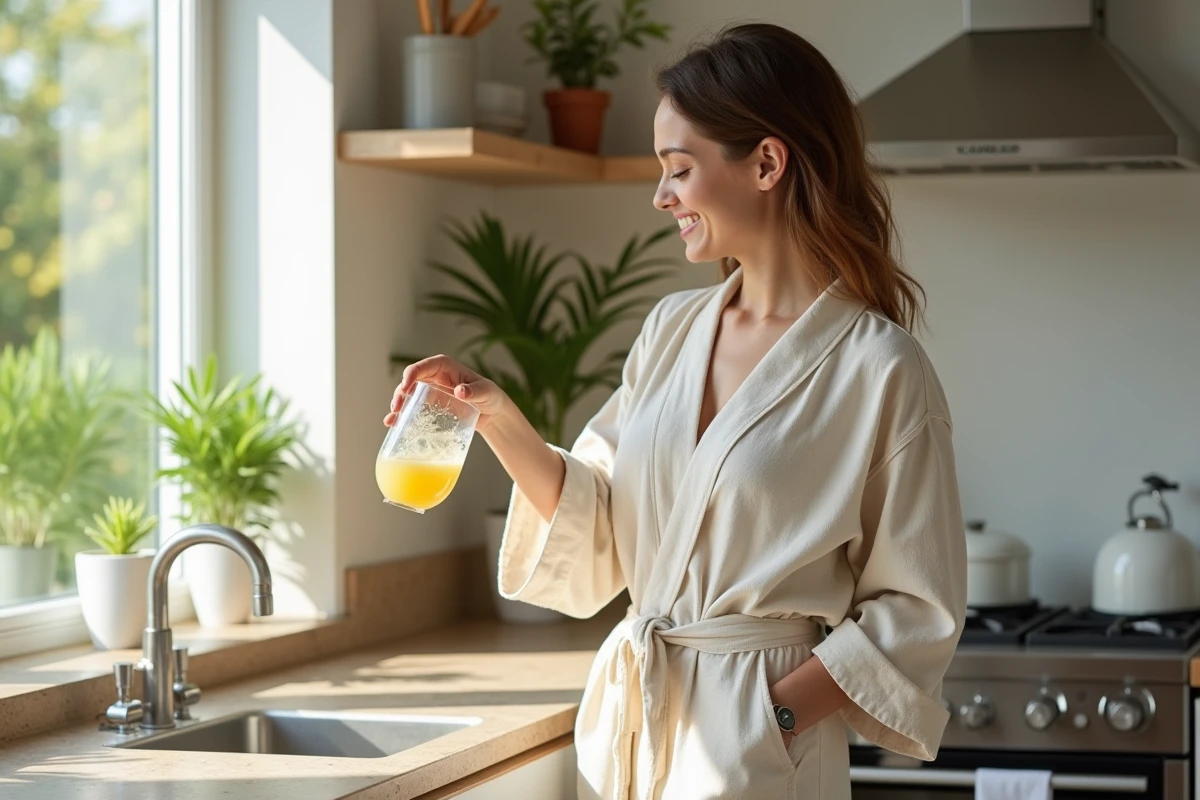 Femme souriante en robe en lin dans une cuisine lumineuse