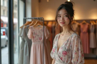 Femme portant une robe mi-longue Sinequanone à motif floral dans une boutique de mode en période de soldes