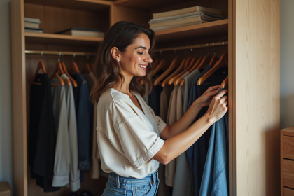 Femme stylée choisissant des vêtements dans une armoire