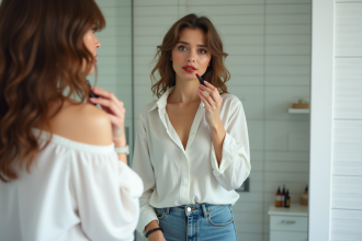 Femme appliquant du rouge à lèvres dans sa salle de bain