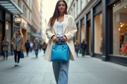 Femme urbaine portant un sac banane bleu avec blazer crème