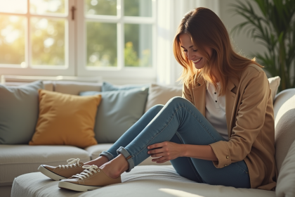 Femme assise sur un canapé moderne en train de mettre des baskets stylées
