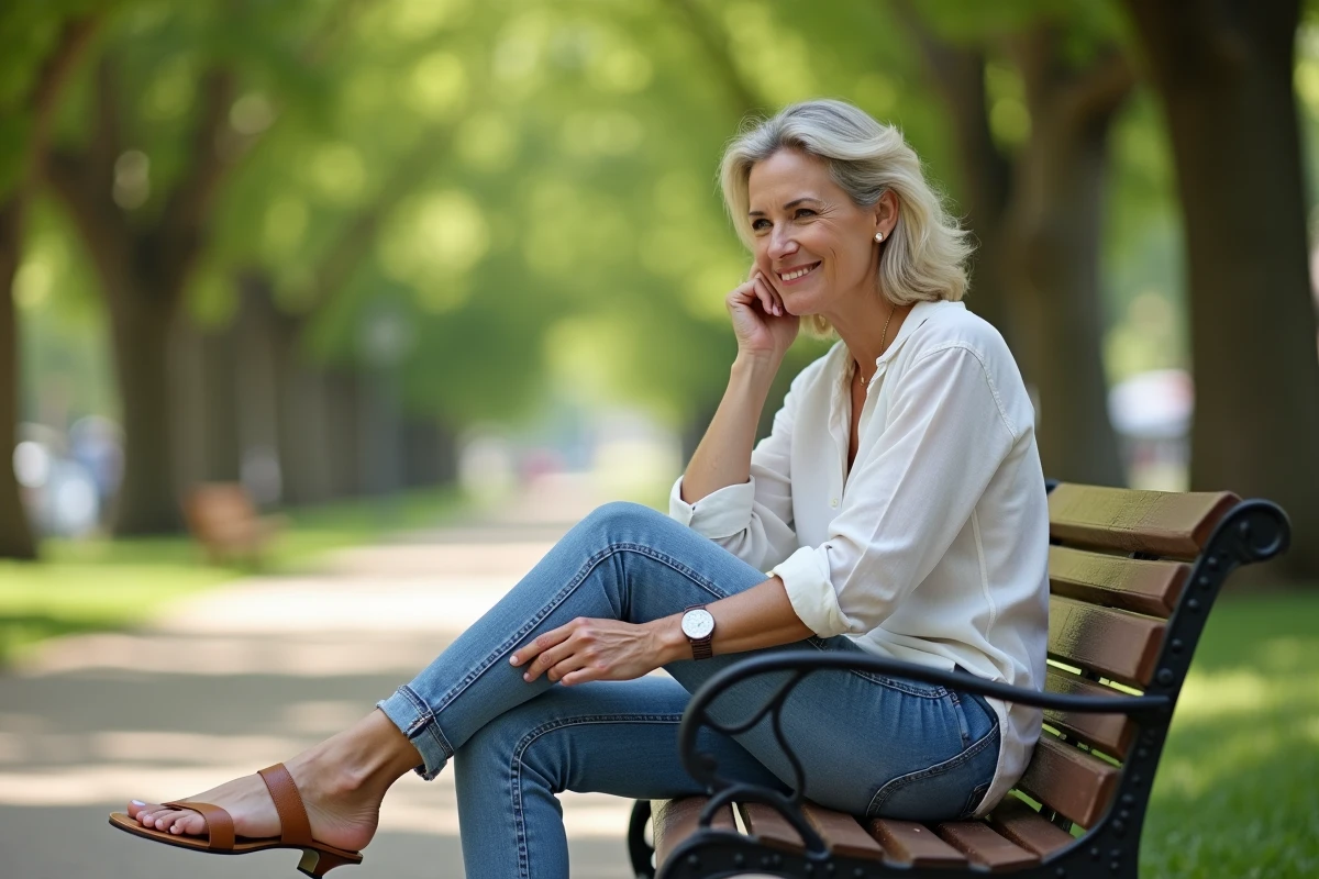 Femme assise sur un banc ajustant une sandale minimaliste